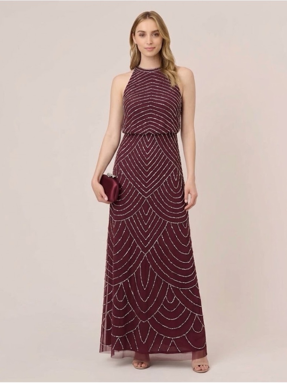 Art Deco Beaded Blouson Dress with Halter Neckline. Burgundy